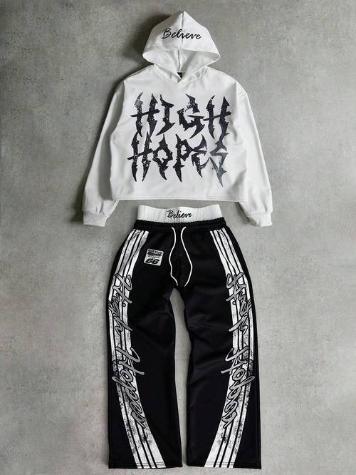 mens y2k high 2pcs set vintage washed short hooded sweatshirt wide leg flared pants street style outfit
