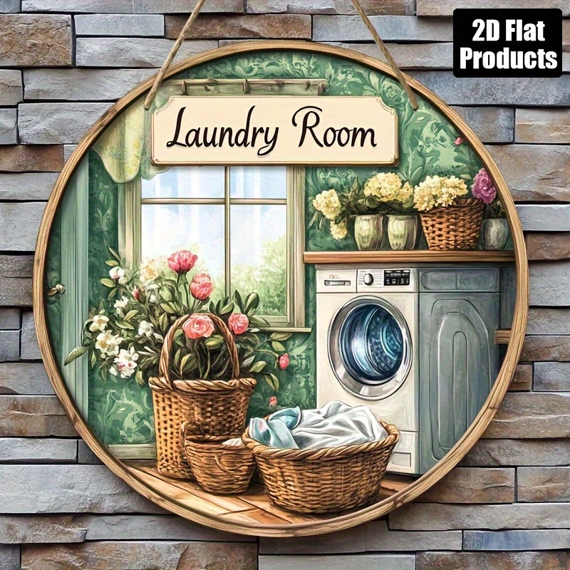 TEMU Panneau Suspendu Rond Plat en Bois 2D, Plaque Murale Vintage Aquarelle pour Buanderie, Porte de Buanderie Style Ferme, Décoration Murale pour