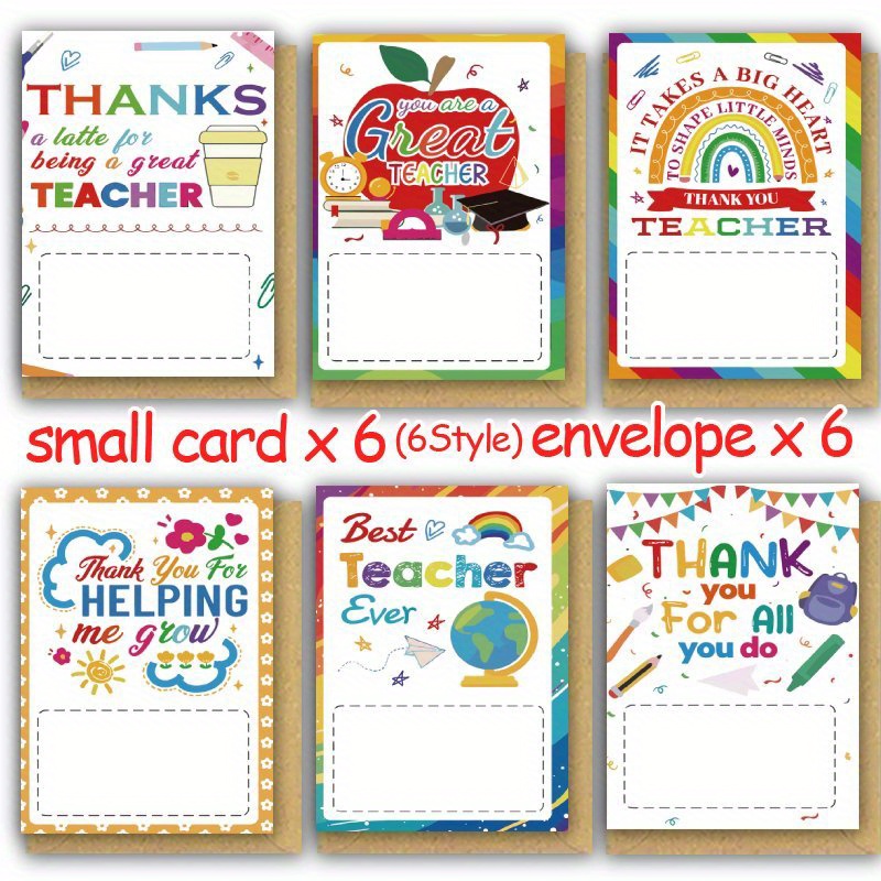 TEMU 12pcs, Teacher Appreciation Greeting Card With Envelopes(6 Cards + 6 Envelopes), Thank You Card For Teachers, Graduation, Back To School,