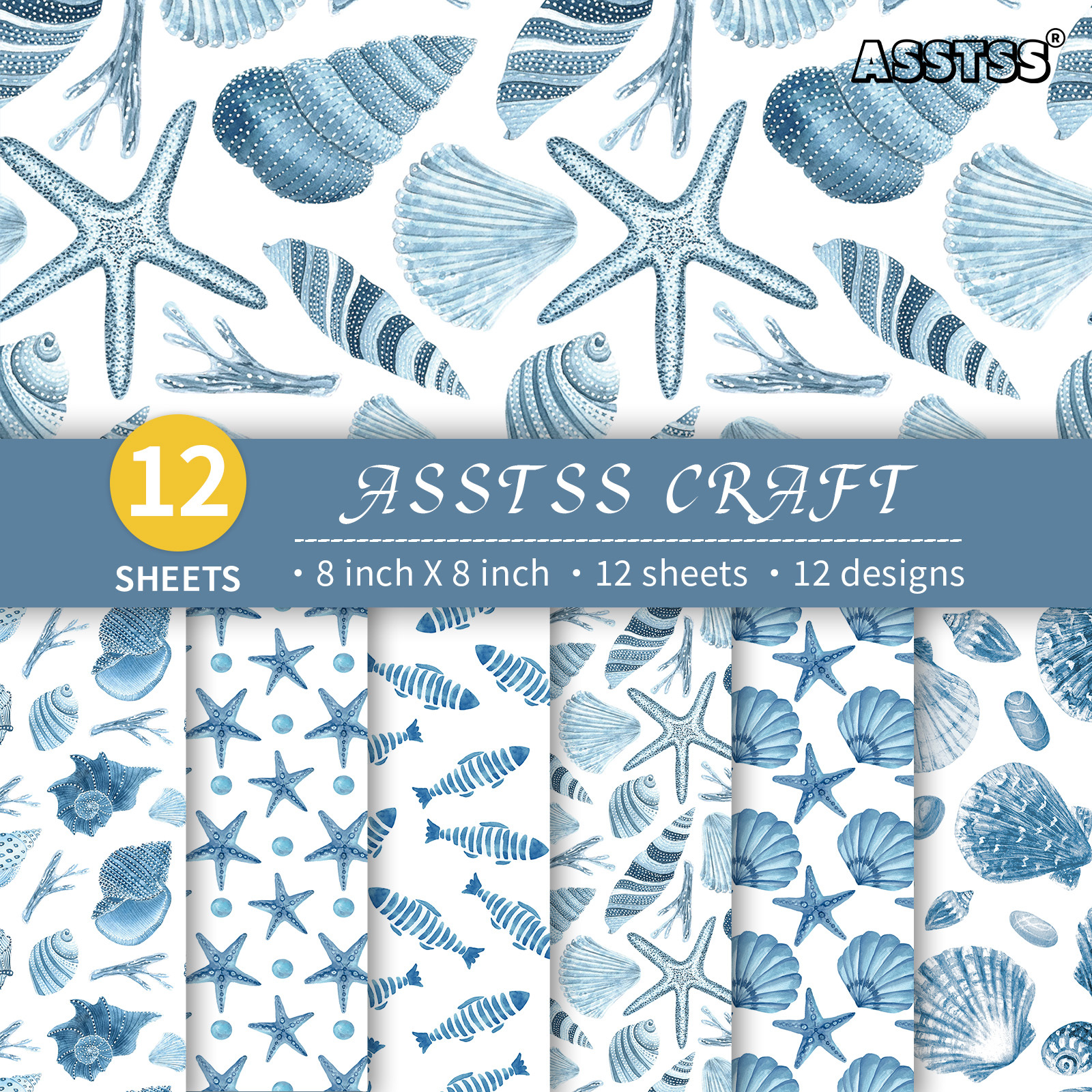 TEMU Asstss 12-sheet Heavyweight Scrapbooking Paper Pad - Ocean Blue Marine Theme With 8x8-inch Sheets, Compatible For Journaling, Card Making,