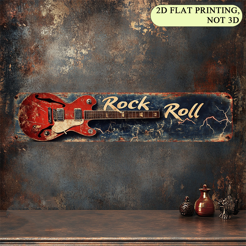 TEMU 2D Plat Ontwerp, een Bord van 10.16X40.64 Cm - Vintage Rock Concert Muurkunst met een 'Ro Roll' Lettertype in Distressed Stijl en Elektrische