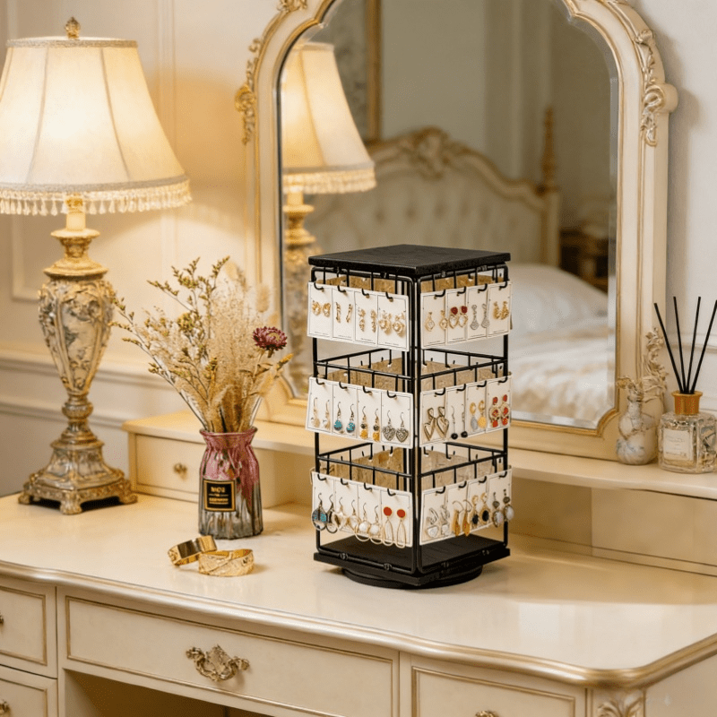 TEMU 3- Tier Rotating Jewelry Organizer Tower, Earring Holder Organizer Display Stand, Durable Iron, Ideal For Boutique, Retail Showcase, Home,