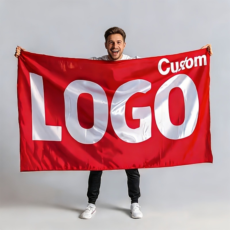 Image of Customized Flags, In Sizes. Personalized Banners Featuring Your Logo Or Text. Red And Scheme Is Suitable For Indoor And Outdoor Party Decorations. An For Birthdays And Christmas.