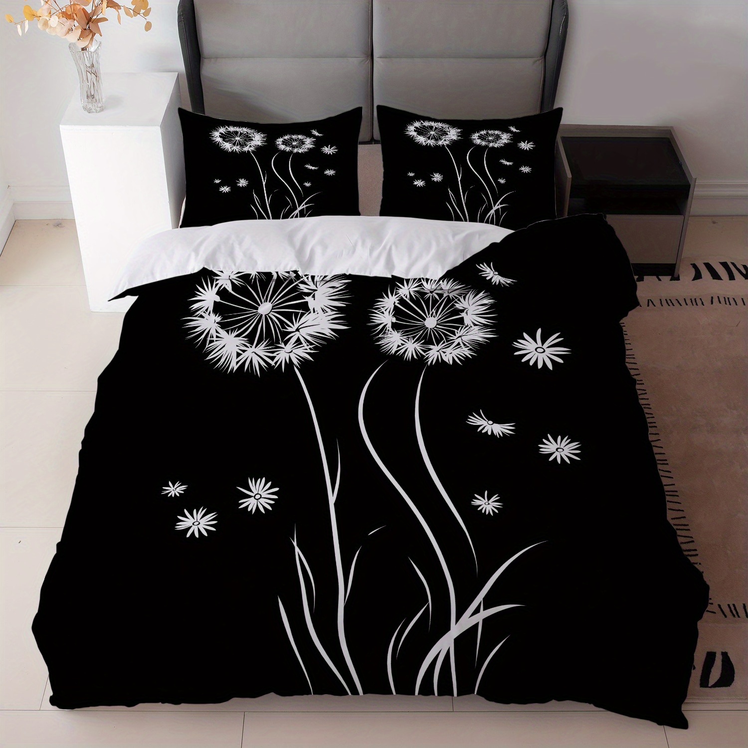 TEMU 3pcs Black And White Dandelion Print Bedding Set (1duvet Cover   2pillowcase, Without Core) - Modern Bedroom Decor