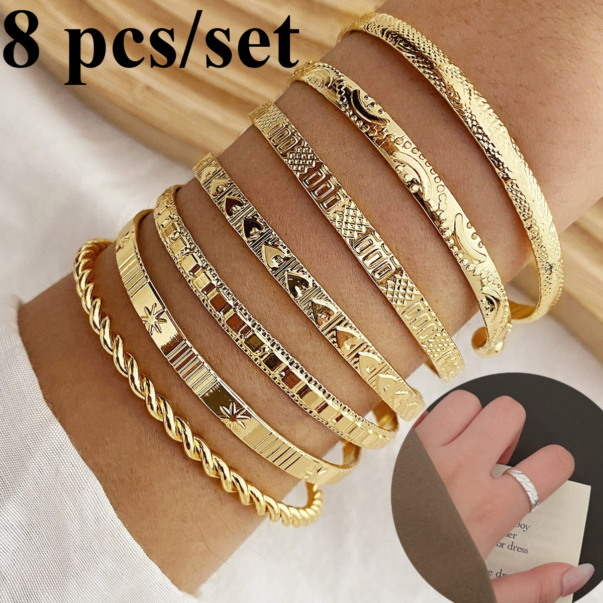 E-shop 8-teiliges Damen Armband Set - Elegantes, ineinandergreifendes Design, verstellbare offene Armbänder & Ringe, vergoldenete Zinklegierung,