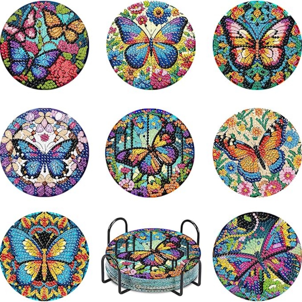 TEMU 8pcs 8pcs Diy Diamond Painting Coasters With Stand Suitable For Adults & Beginners, Pattern Round Craft With Table Protectors, Complete Kit For