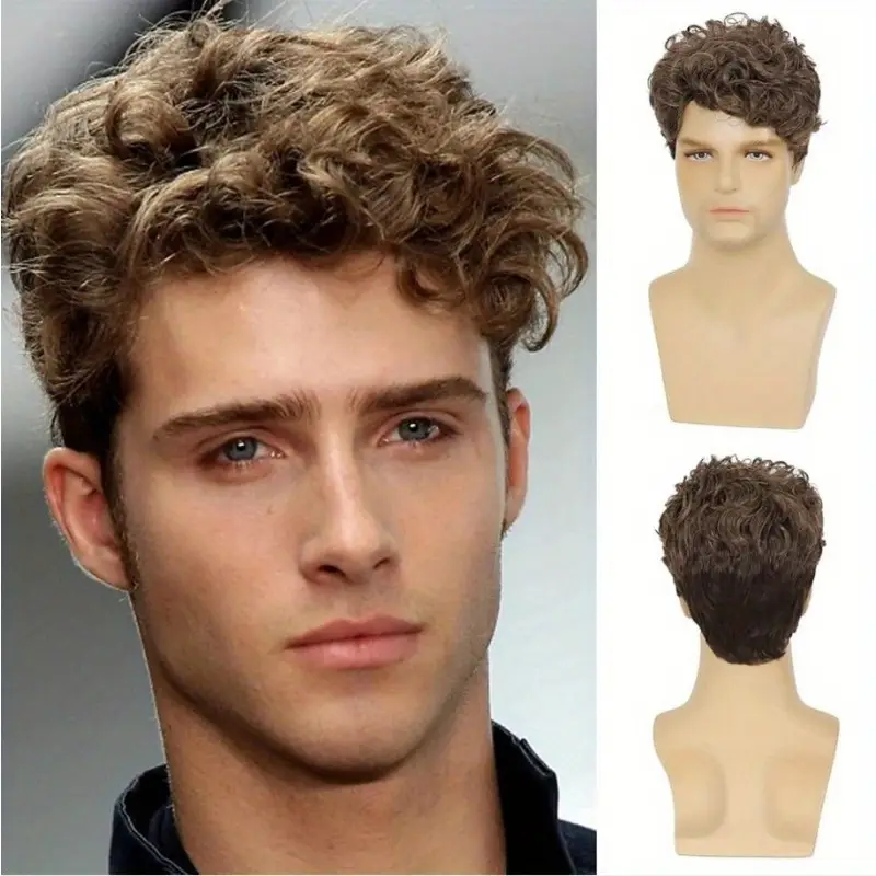 1pc Cool Style Men'S Short Curly Brown Wig - Fluffy Voluminous Synthetic Hairpiece, Easy to Maintain, Comfortable Fit for Daily Wear & Parties details 0