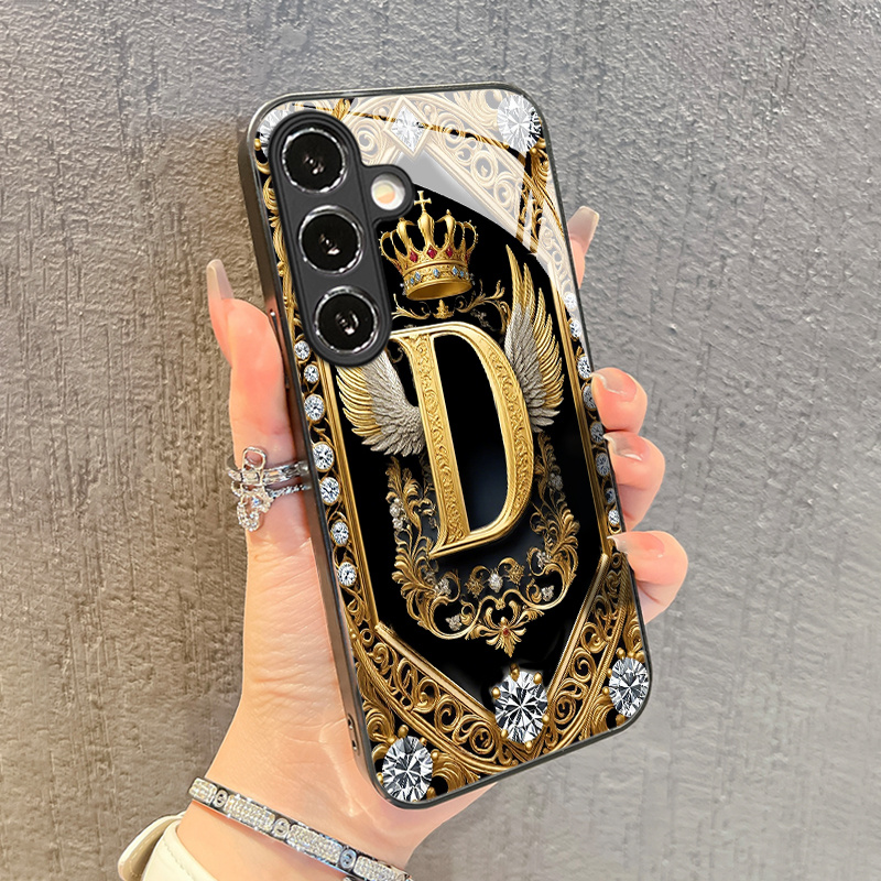 TEMU Phone Case: Light Crown Letter D Pattern Glass Phone Case For Galaxy S25/s25 Ultra/s25 Plus/s25 Edge/s24/s24 Fe/s24 Ultra/s23/s23