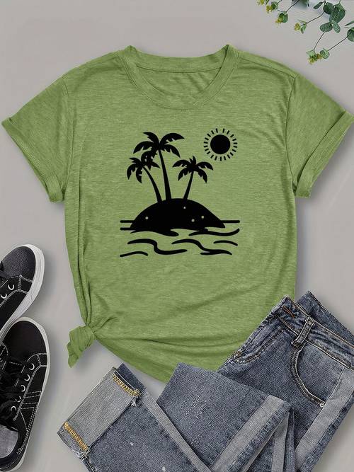 tropical paradise graphic tee green crew neck t shirt with palm trees and sun print casual days and ideal for black friday deals or cyber