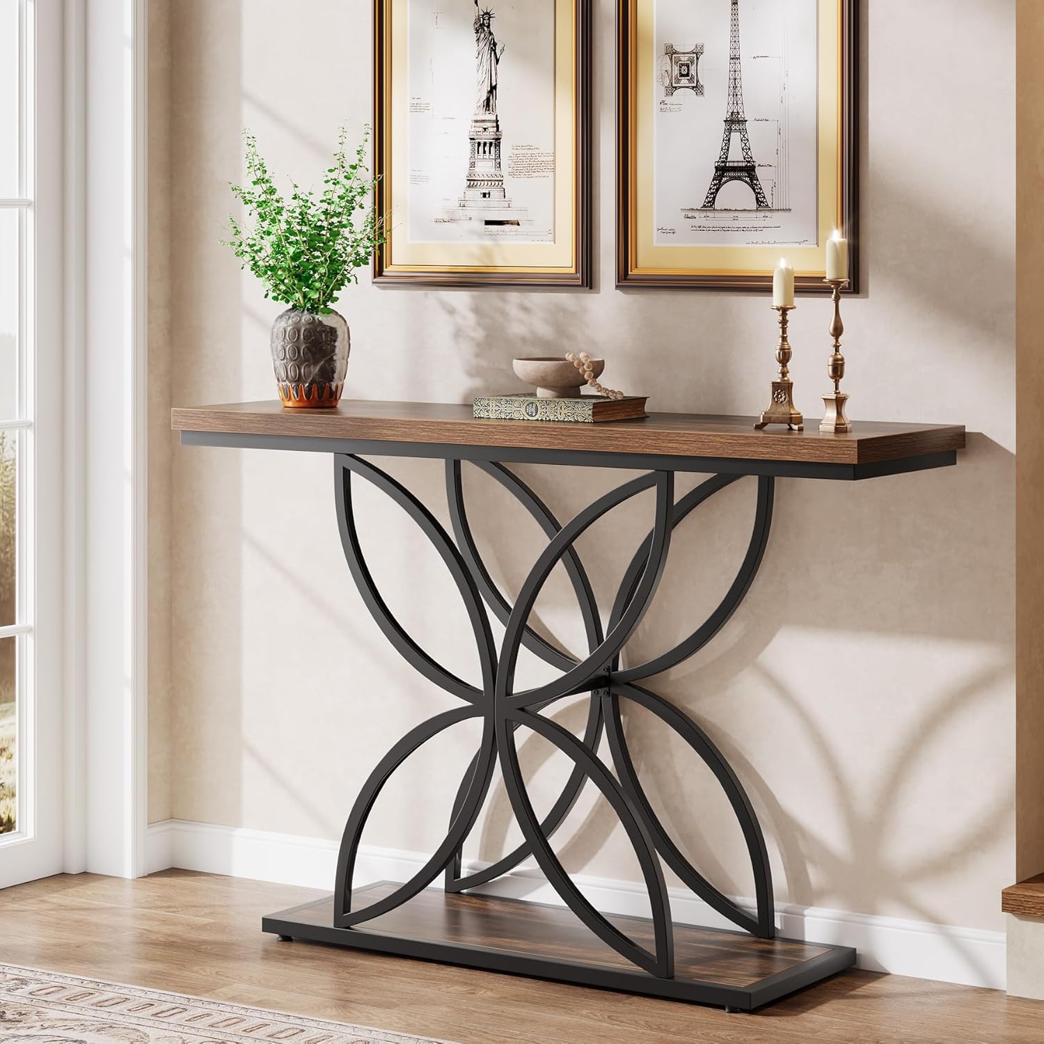 47-inch Industrial Console Table With Unique Metal Base | Rustic , Hardwood Construction, Weather Resistant, For Entryway, Living Room, Entrance, Hallway - Fnova