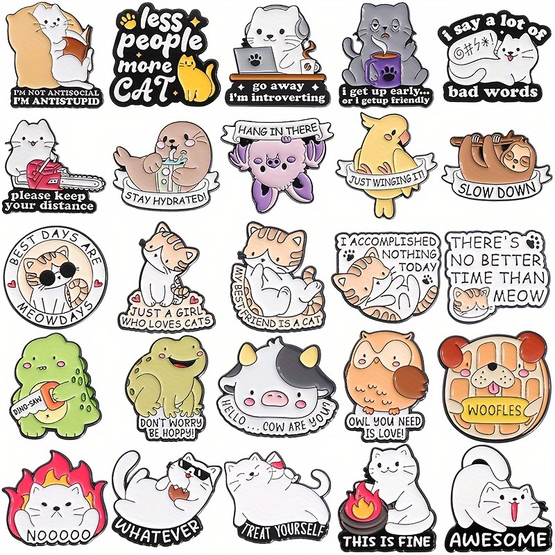 TEMU 25-pack Whimsical Animal Stickers Suit-cute Cat, Frog And Owl With Humorous , Elegant Alloy Badge, Suitable For Fashion Decoration