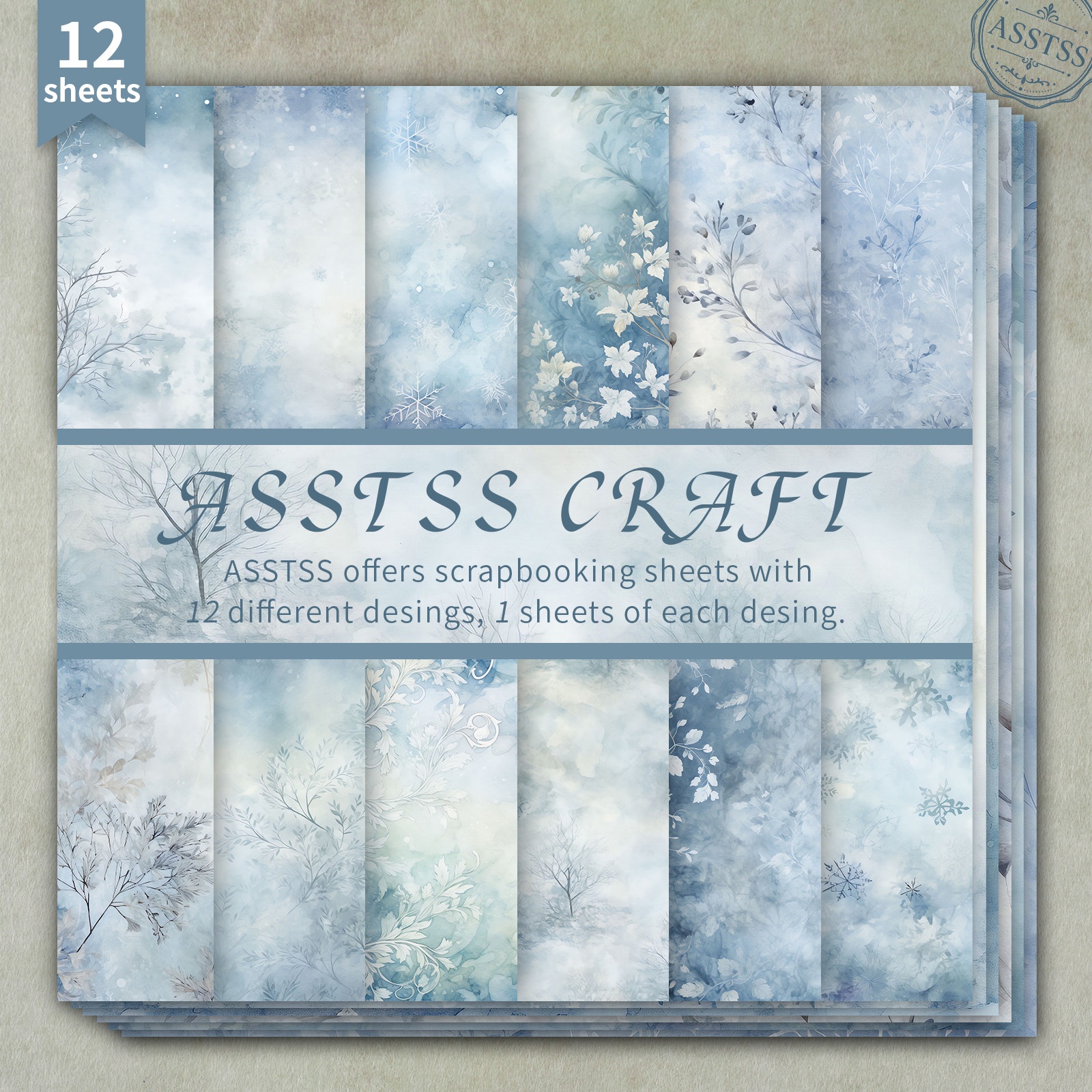 TEMU 12-sheet Asstss Winter Scrapbooking Paper Pad Suitable For Journaling, Heavyweight Cardstock With Light Blue Watercolor Snowflake & Floral