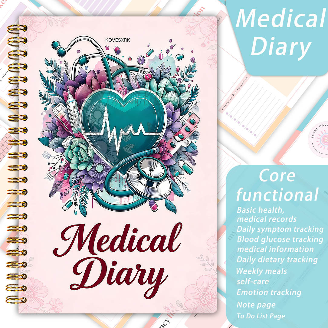 TEMU 1pc A5 Monitoring Manual | Disease Management Handbook | Covers Symptoms, Medication, Mood, Sleep Records | High Aesthetic Floral Illustration