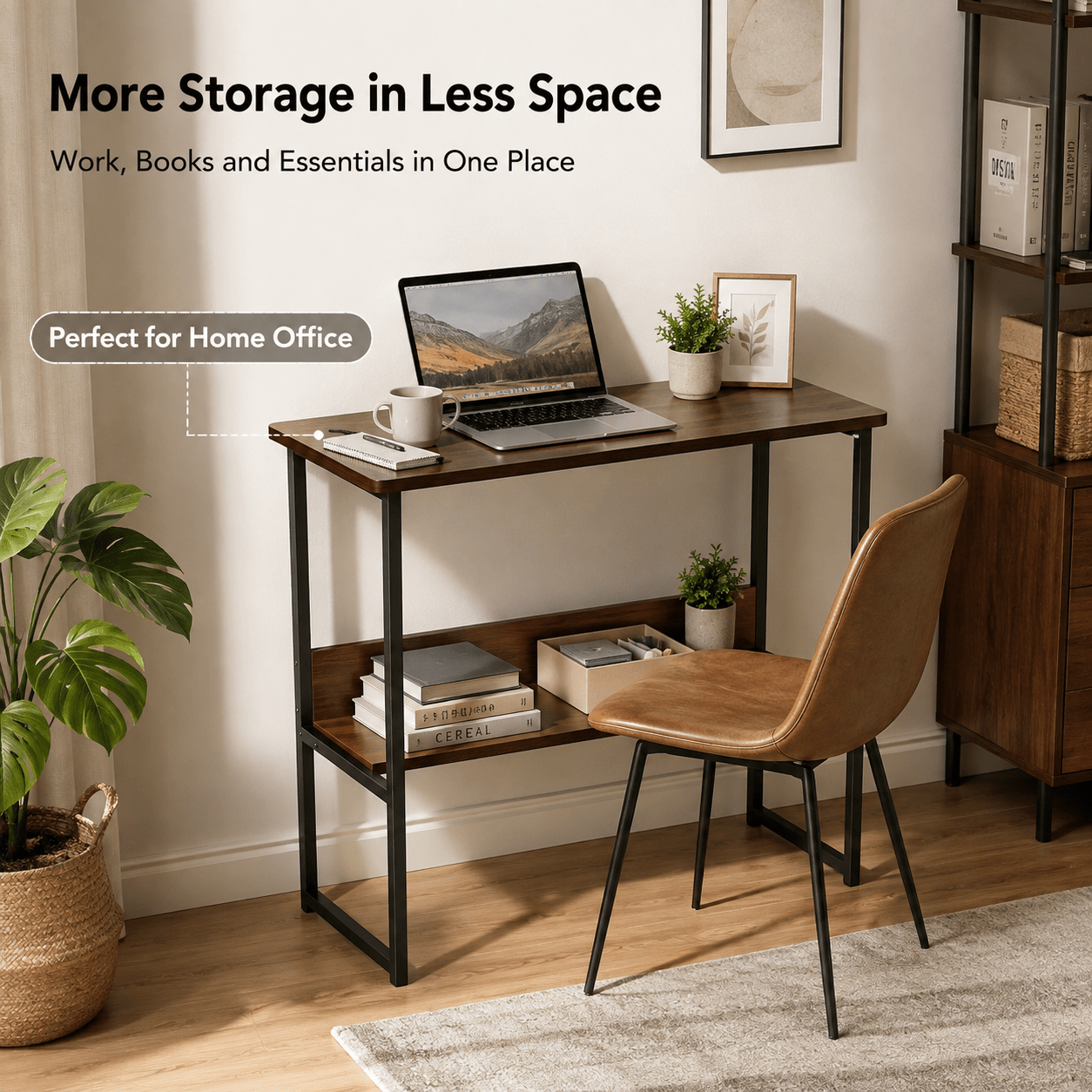 TEMU Computer Desk With Storage Shelves, Walnut Wood Effect Desktop With Metal Frame, 2-tier Open Storage Home Office Desk, Modern Writing Table For