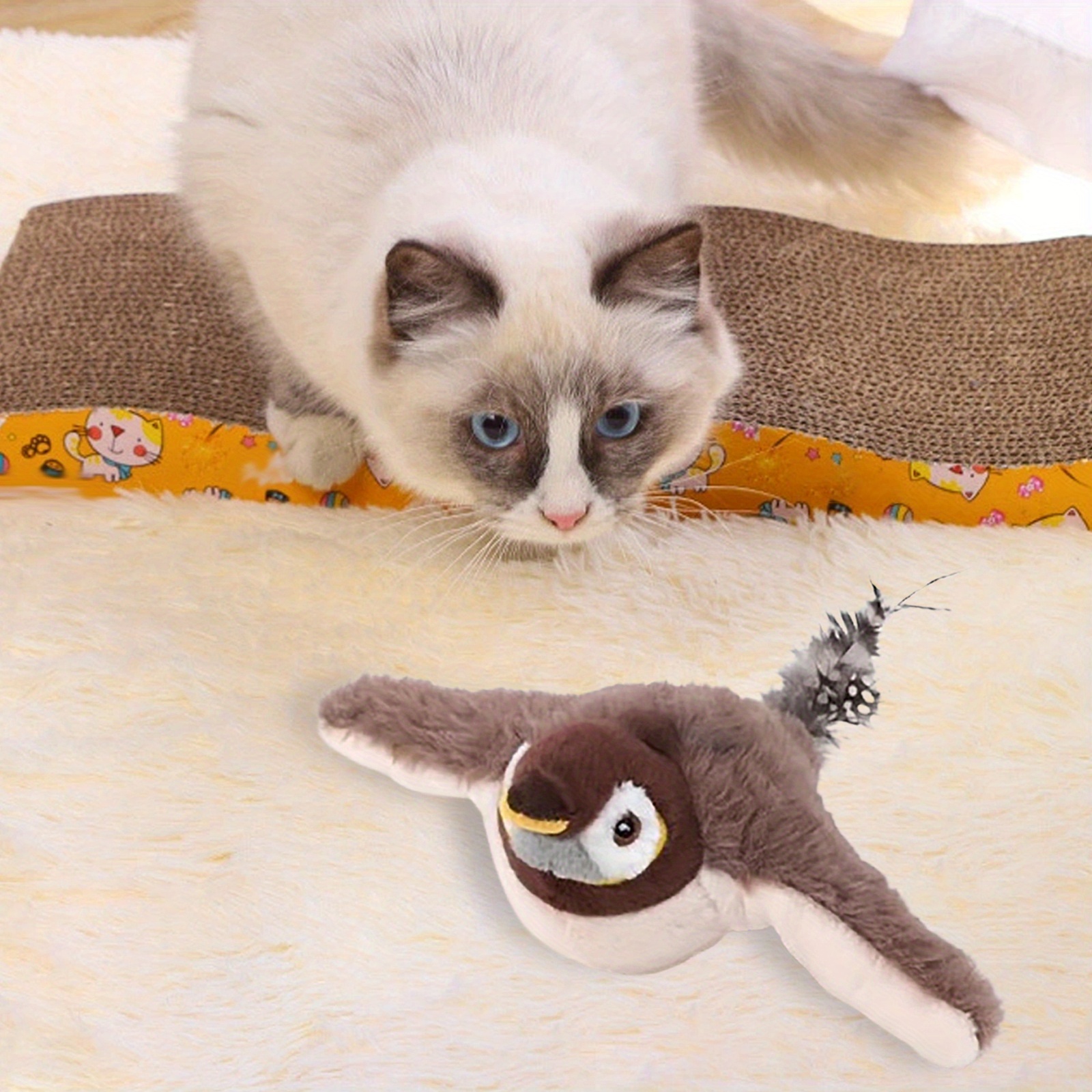 TEMU Rechargeable Interactive Cat Toy With Motion- Chirping Sound, Soft Plush , Pet Insert Included, No Batteries Required, Durable Plastic, Indoor