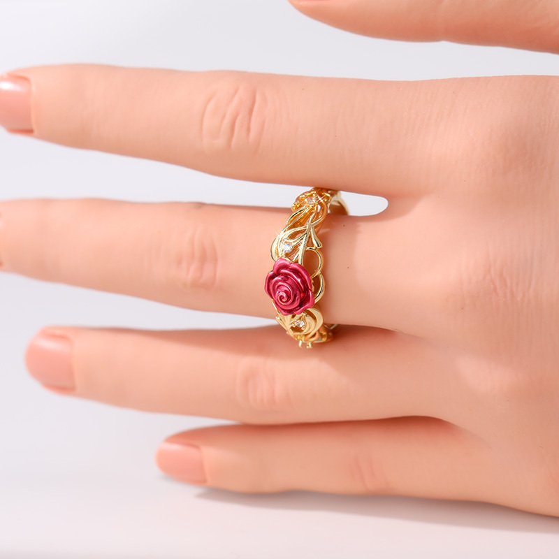 Women's Hollow Vine & Red Rose Design Plated Ring