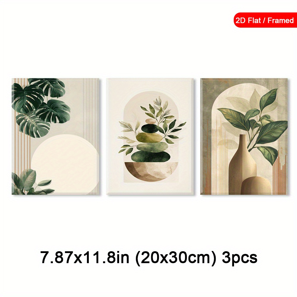 TEMU 2d Flat, 2d Flat, Framed Wall Art Featuring 2d Flat Designs Of Green Leaves, Nature-themed Canvas Prints, Stones, And Vase . This Modern Artwork