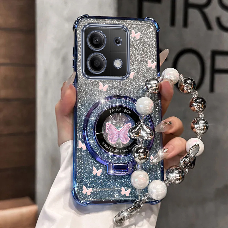 TEMU Phone Case: Luxury Pearl Wrist Strap Magnetic Glitter Phone Holder Case On For Xiaomi Redmi Note 13 4g Anti-knock Shock Proof Stand Back Cover