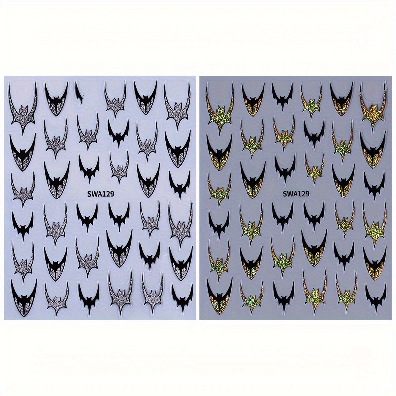 TEMU 2pcs Bat Halloween Nail Stickers, French Golden And Silvery Glitter Bat Spikes Self-adhesive Nail Decals For Use - Halloween Party Women's