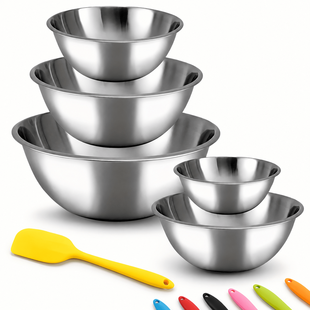 TEMU 5pcs Stainless Steel Mixing Bowl Set With 1 Random Color Silicone Spatula, Nesting Kitchen Prep Bowls, Easy To Clean, Space-saving Bowls For