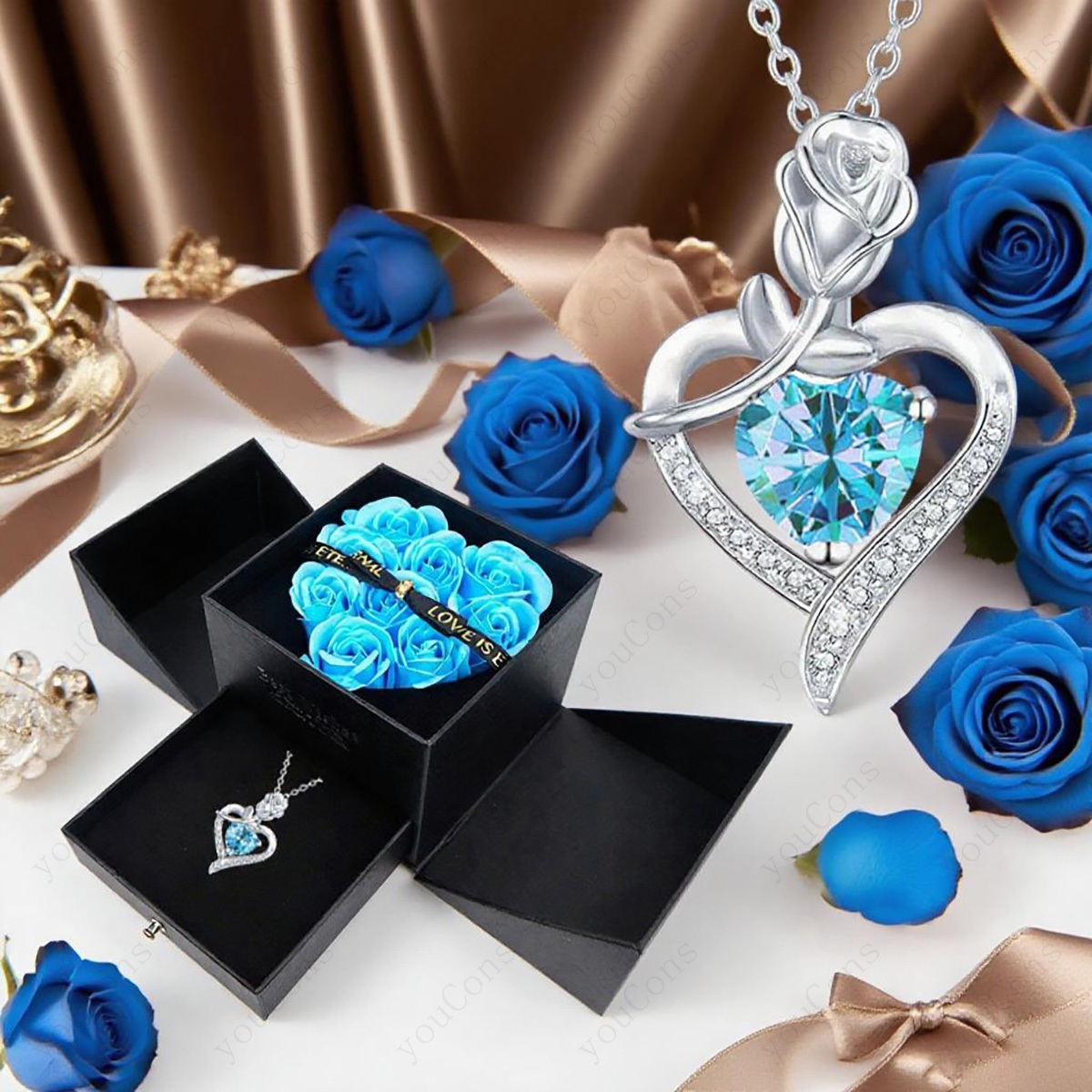 Women's Light Blue Lucky Stone Heart Pendant Necklace Gift Set