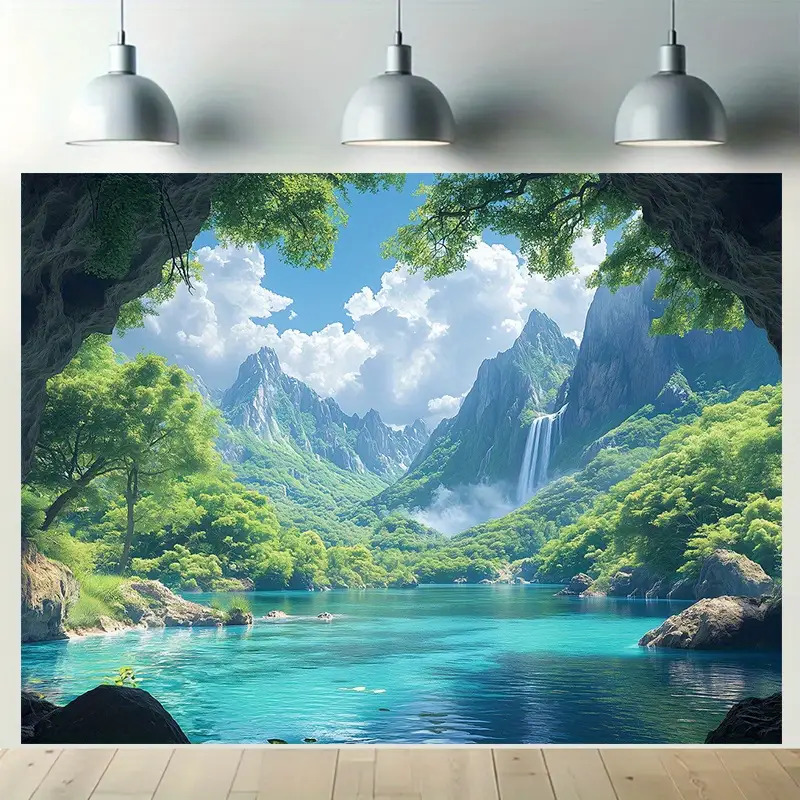 Extra Large Natural Waterfall Tapestry Tropical Greenery Blue Wall Hanging For Living Room Bedroom Background_voghion.com