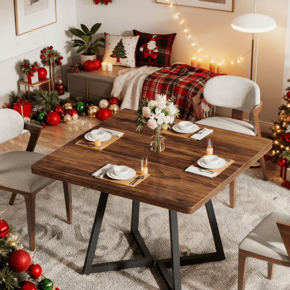 1pc Rustic Modern Small Square Dining Table With Metal Base & Wood Top - Space- Kitchen , Sturdy Desk For Home Office, Easy Assembly, Rustic , Compact For Small Spaces (")
