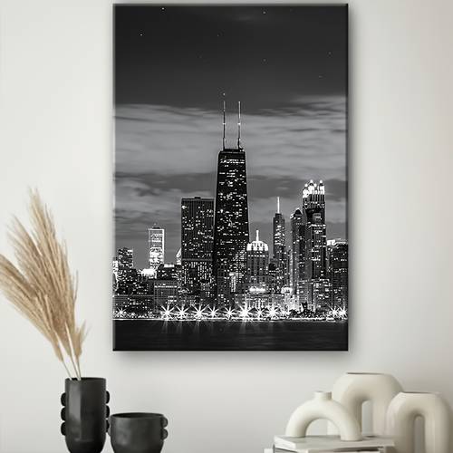 2d flat 2d flat 2d flat 1pc unique wrapped wooden frame canvas poster black and white chicago scene and home decoration