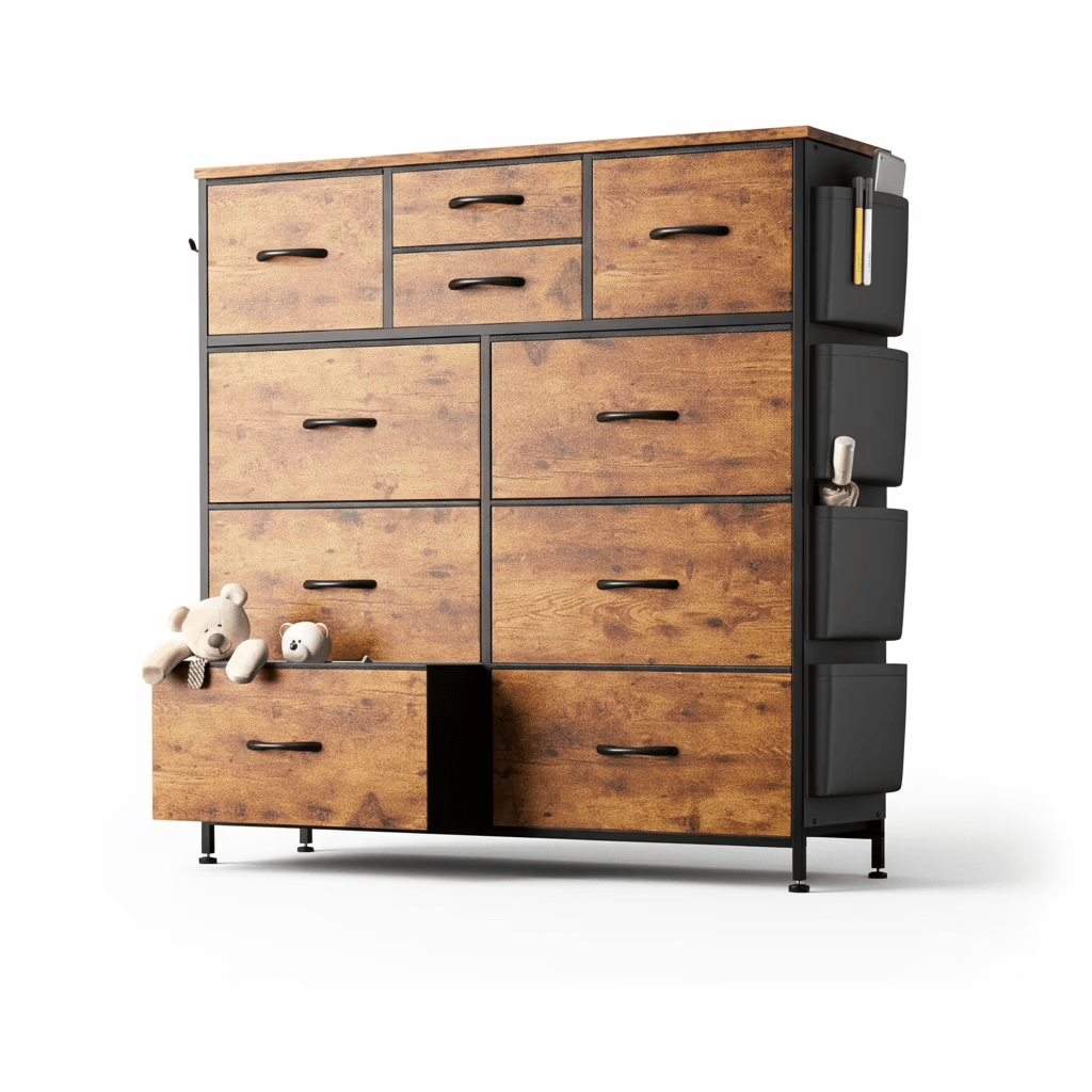 10-Drawer Storage Cabinet with Side Pockets | Wardrobe Organizer Boxes, Suitable for Bedrooms, Entryways, Living Rooms, Black, Contemporary Style, Hardwood and Particle Board Material, OLIXIS Brand - Image 5
