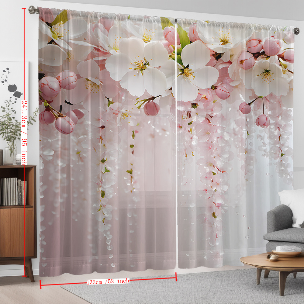 TEMU 2pcs Pink-white Cherry Tassel Scenery Printed Home Decor Sheer Curtains, Sheer Curtains Suitable For Kitchen Cafe Restaurant Balcony Garden