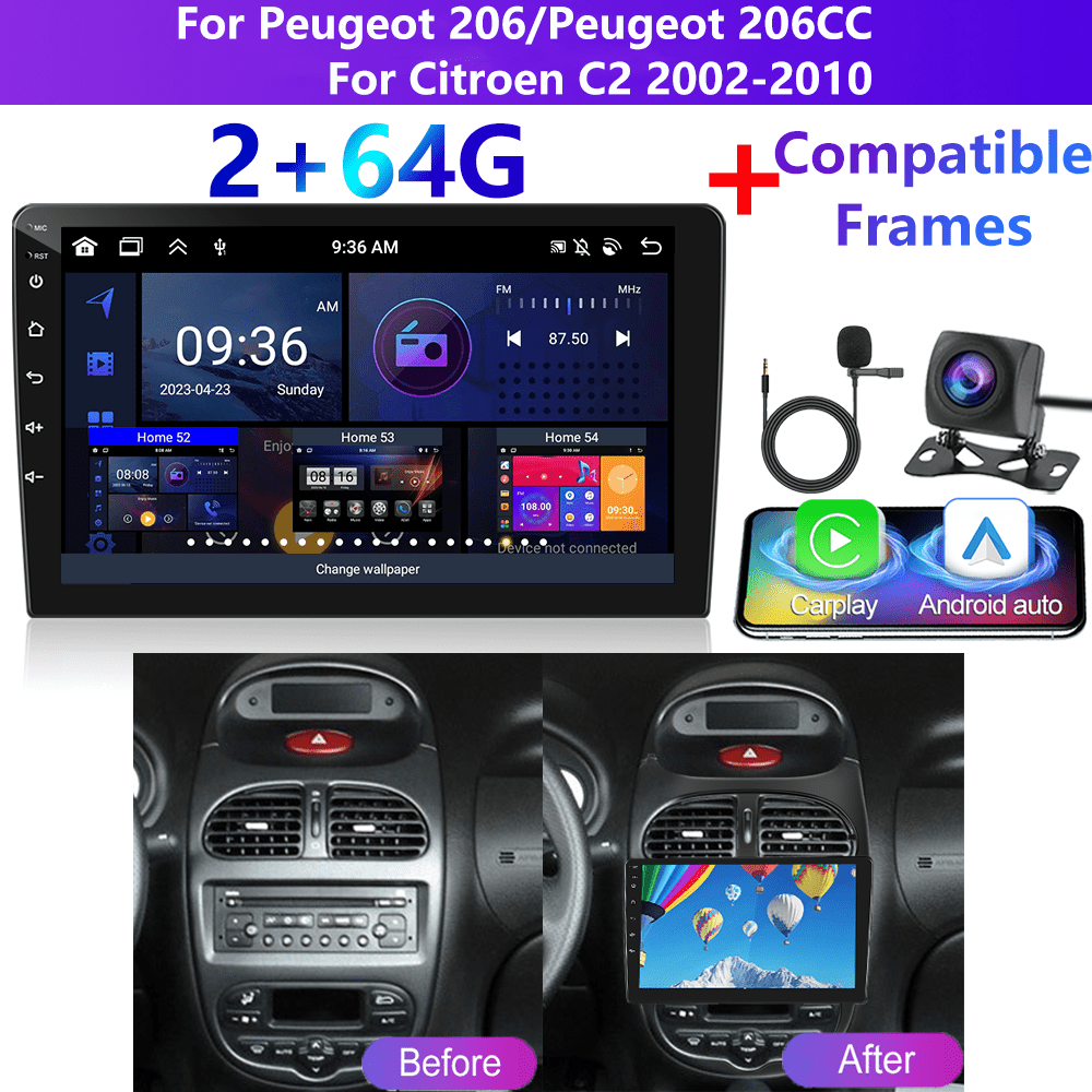 Image of For /206cc & C2 Car Stereo Compatible Unit, 9-inch Double Din Touchscreen Gps Navigation, Wireless/wifi/fm/aux/swc/rds Radio With Reversing Camera, Suitable For Peugeot/