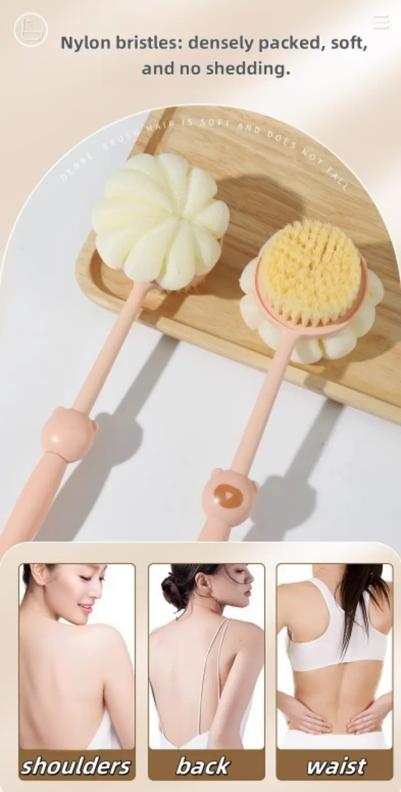 2 in 1 long handle shower brush luffa sponge with bear grip soft dense bristles anti slip hanging design for gentle exfoliating back scrub ergonomic bath shower tool shower accessories bathing accessory bathroom decor body scrubber hygienic material personal hygiene Product details 1