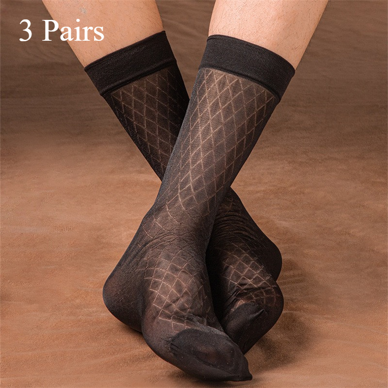 E-shop 3 Paar/Diamantgemusterte Y-Strümpfe für Herren im Sommer, dünn, mittellang, für Business-Anzug, schwarzes Netzgewebe, atmungsaktive lange Socken