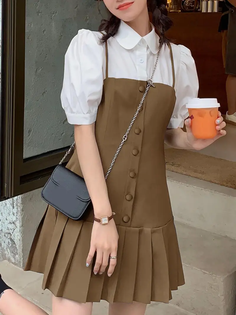 korean style work dress Korean Style Two Piece Dress Set - Women's Work Dress, Brown Tassel Dress with Bow & White Long Sleeve Shirt, Cute Office Outfit from Dhgate Work Dresses