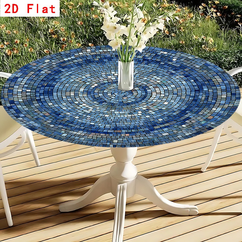 TEMU Nappe ronde extensible 1 pièce à motif imprimé mosaïque bleue, une nappe ronde élastique adaptée aux tables circulaires. Fabriquée en matériaux