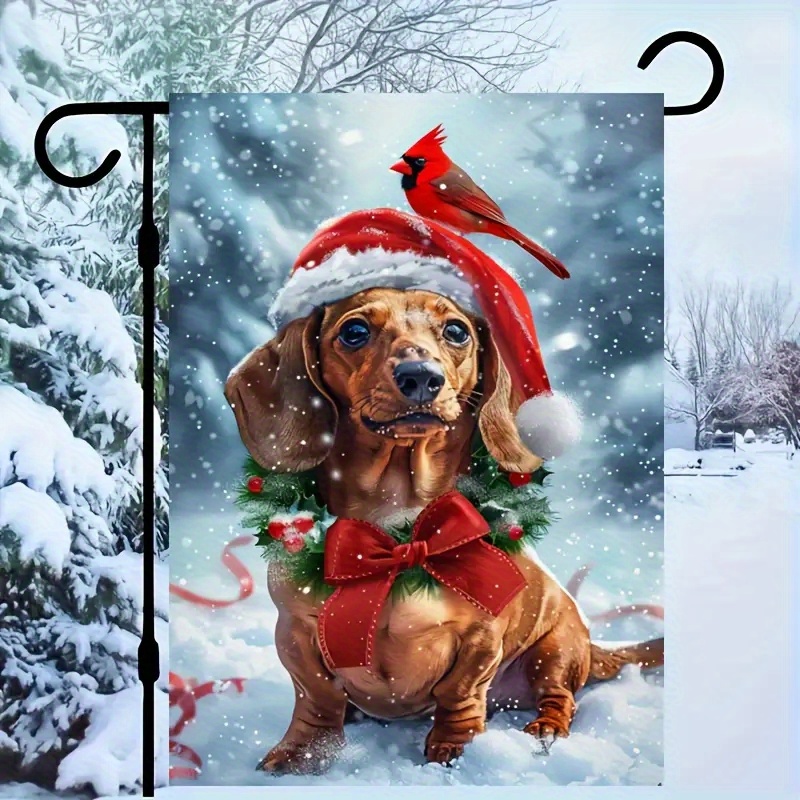 TEMU A Festive Dachshund And Red Double-sided Garden Flag - Durable Polyester Linen, Seasonal Yard And Lawn Decor, 12x18 Inches, Pole Not Included