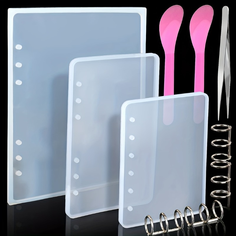 Image of A Set Of 10 Resin Casting Molds, Stainless Steel Book Rings, Tweezers, And Spoons - Rectangular And Square A5 A6 A7 Notebook Covers For Crafting.
