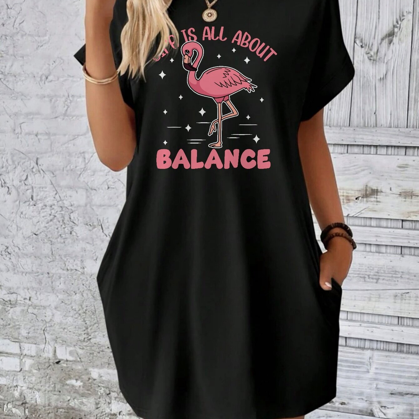 

A T-shirt Dress Featuring A Flamingo And Heart Pattern, With Pockets On , Casual Wear And Summer, For Women.