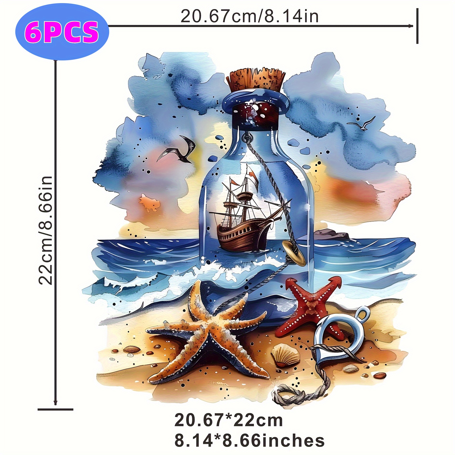 TEMU Lot de 6 Autocollants Thermocollants Nautiques - , Étoile de Mer & Bateau dans une Bouteille, Décalcomanies en Vinyle Lavables et Durables pour