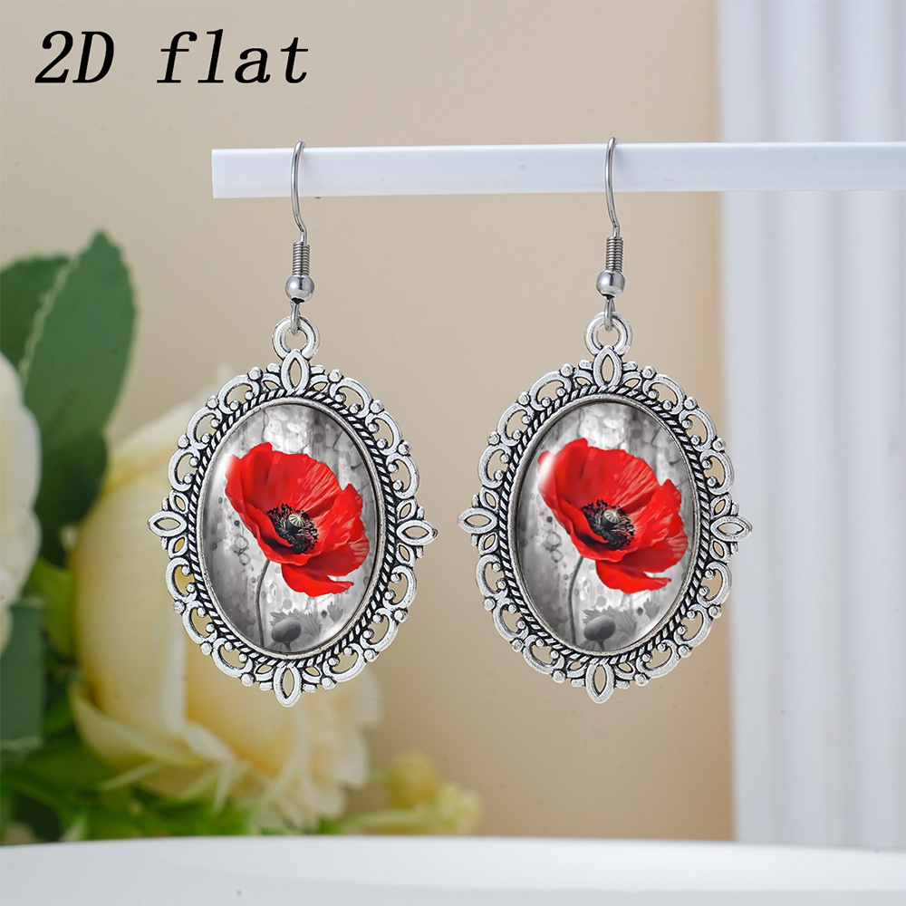 TEMU 2d Flat, 1 Pair Single Poppy Flower Pattern Glass Cabochon Earrings, 2d Flat Design, Delicate Lace Hollow Oval Shape, Stainless Steel Hooks,