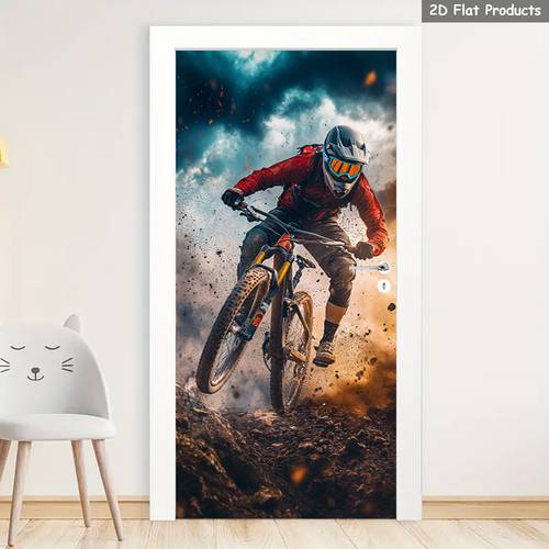 2d flat 1 pair door mural bike self removable wall mural cyclist door stickers adventure door wall mural dust door stickers quality suitable for foyer porch living room bedroom office