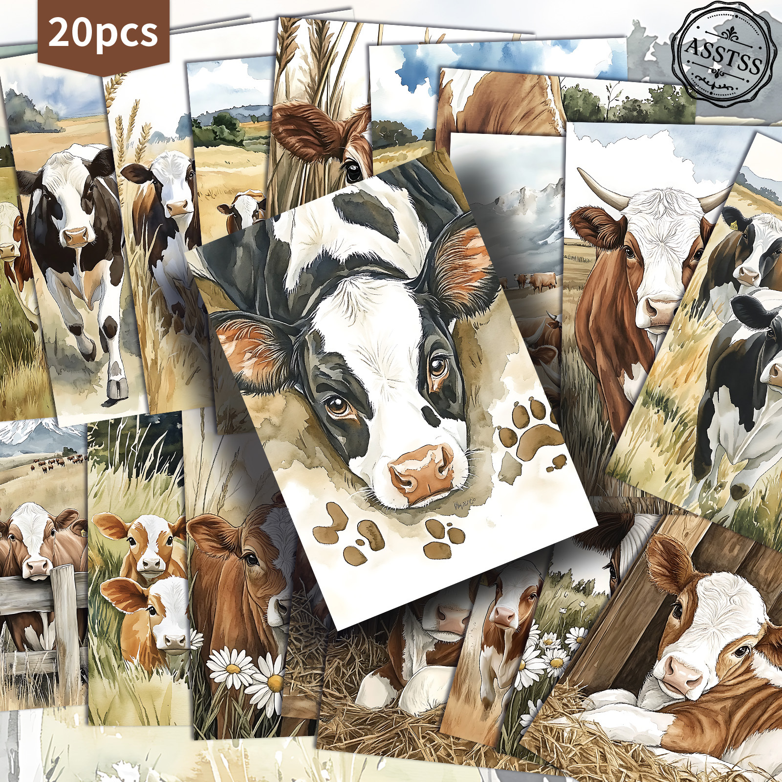 TEMU 20-pack Asstss Vintage Farm Cow Animal Postcards - 4x6 Inches Retro Junk Journal Supplies, Classic Pinup Illustrations Collectible Decorative