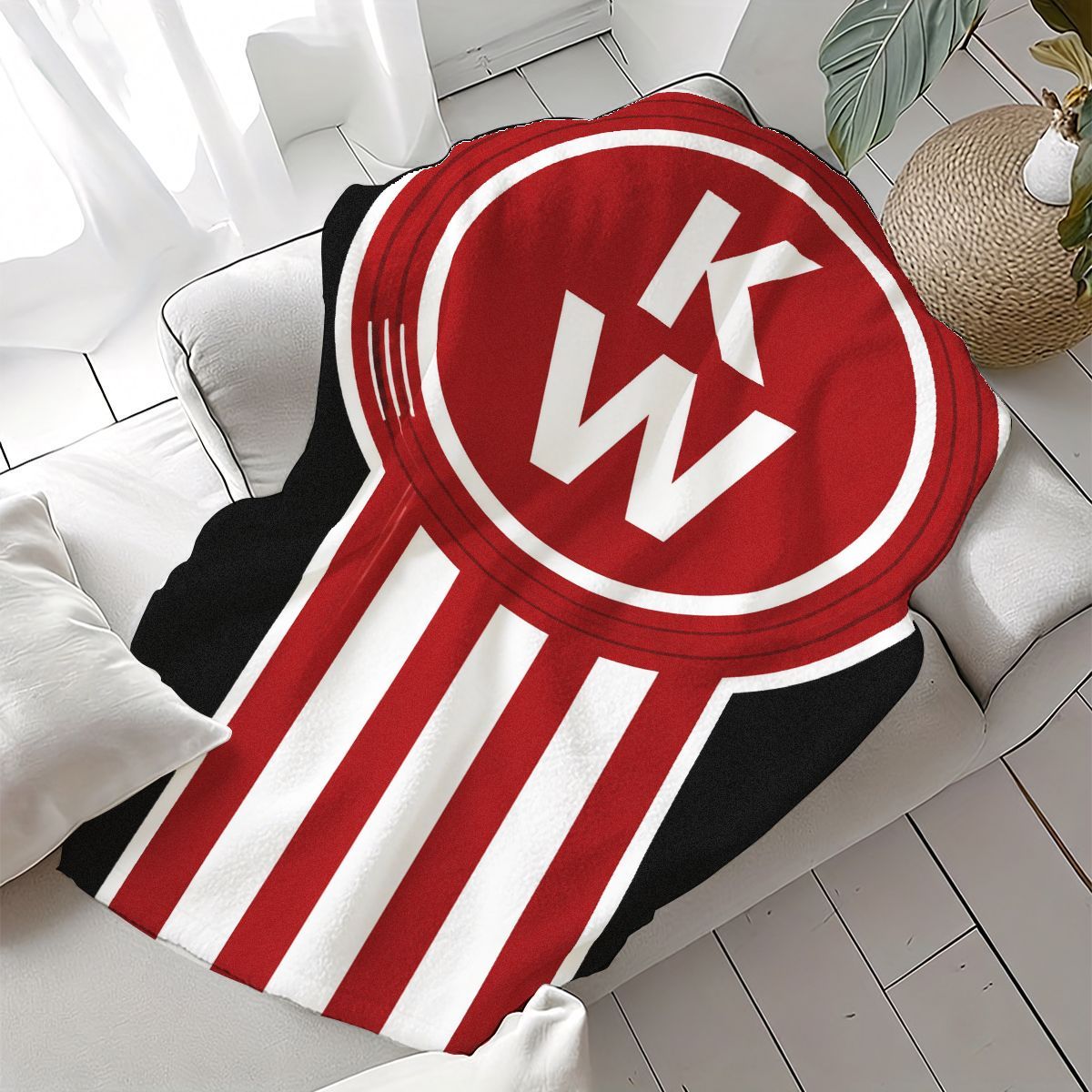 TEMU 1pc Of Modern-style Blanket Featuring A Red And White "kw" Emblem And Striped Design. A Versatile, Flannel Blanket For Warm Autumn And Winter .