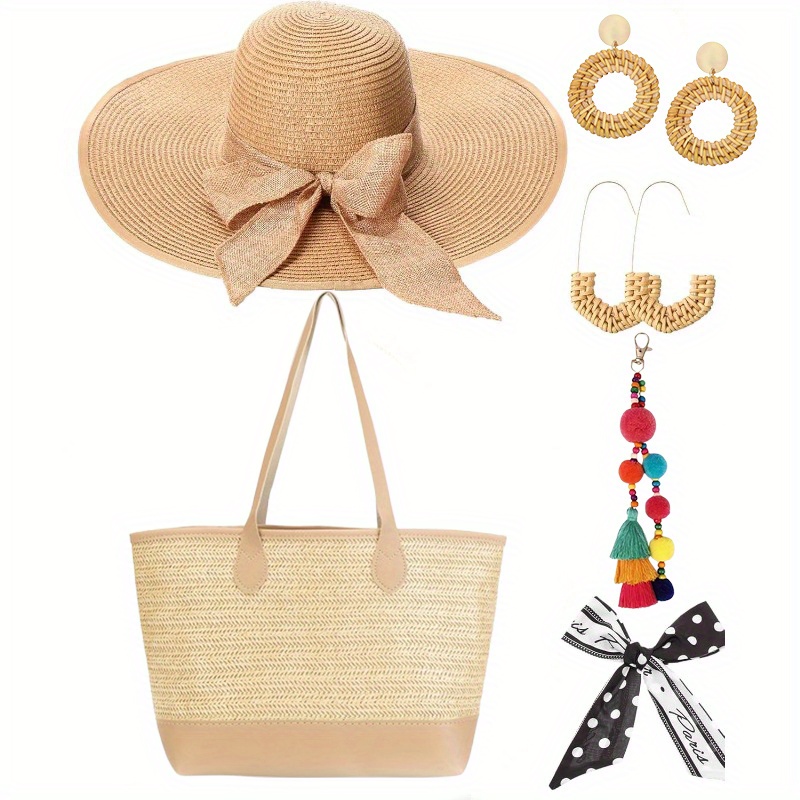 6pcs set women straw beach bag wide brim floppy sun hats - Temu