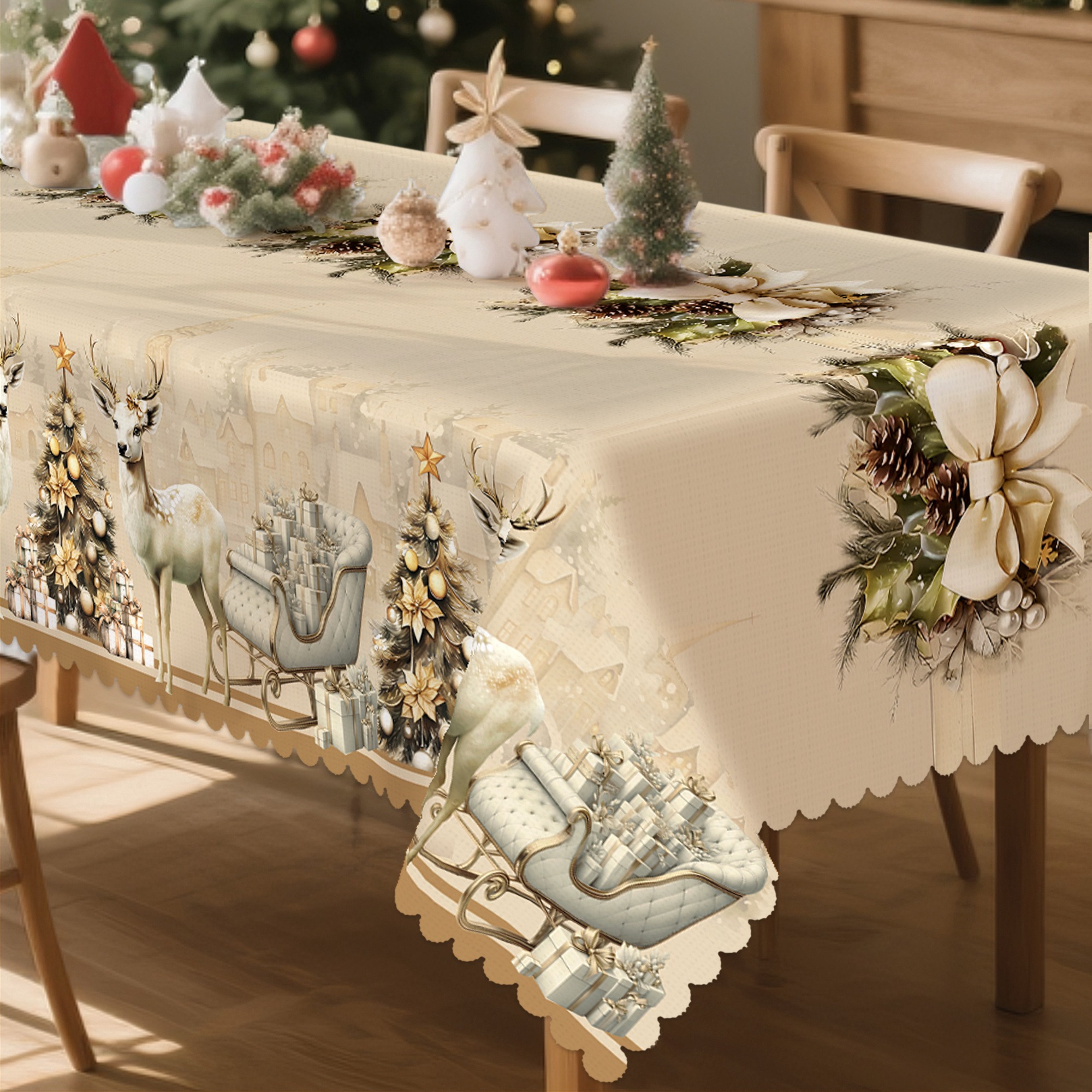 TEMU 1pc Beige And White Decorative Christmas And Pastoral Style Tablecloth, Featuring Deer, Christmas Trees, And Sleigh Patterns. European Style, In