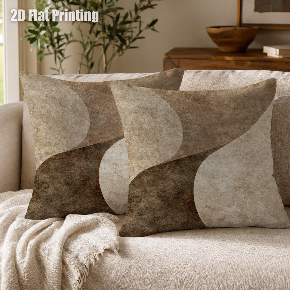 TEMU 2d Flat 2pcs Abstract Brown And Beige Wavy Cushion Covers, Double Prints Minimalist Neutral Tone Waves, For Modern Sofa, Cozy Bedroom, Stylish