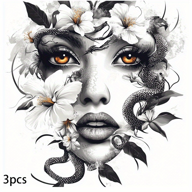 E-shop 3er-Set, Trendiger T-Shirt-Druck - Modische Schmuck Snake And Flower Applikation - Geeignet für Rucksäcke, Kissen, Hosen, Vinylmaterial und