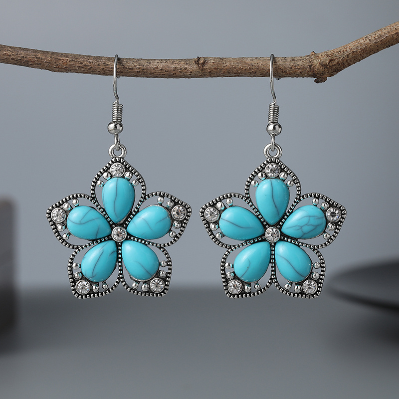 TEMU Elegant Turquoise Flower Earrings - Vintage- With , Day Or Birthday Gifts, Alloy , Message
