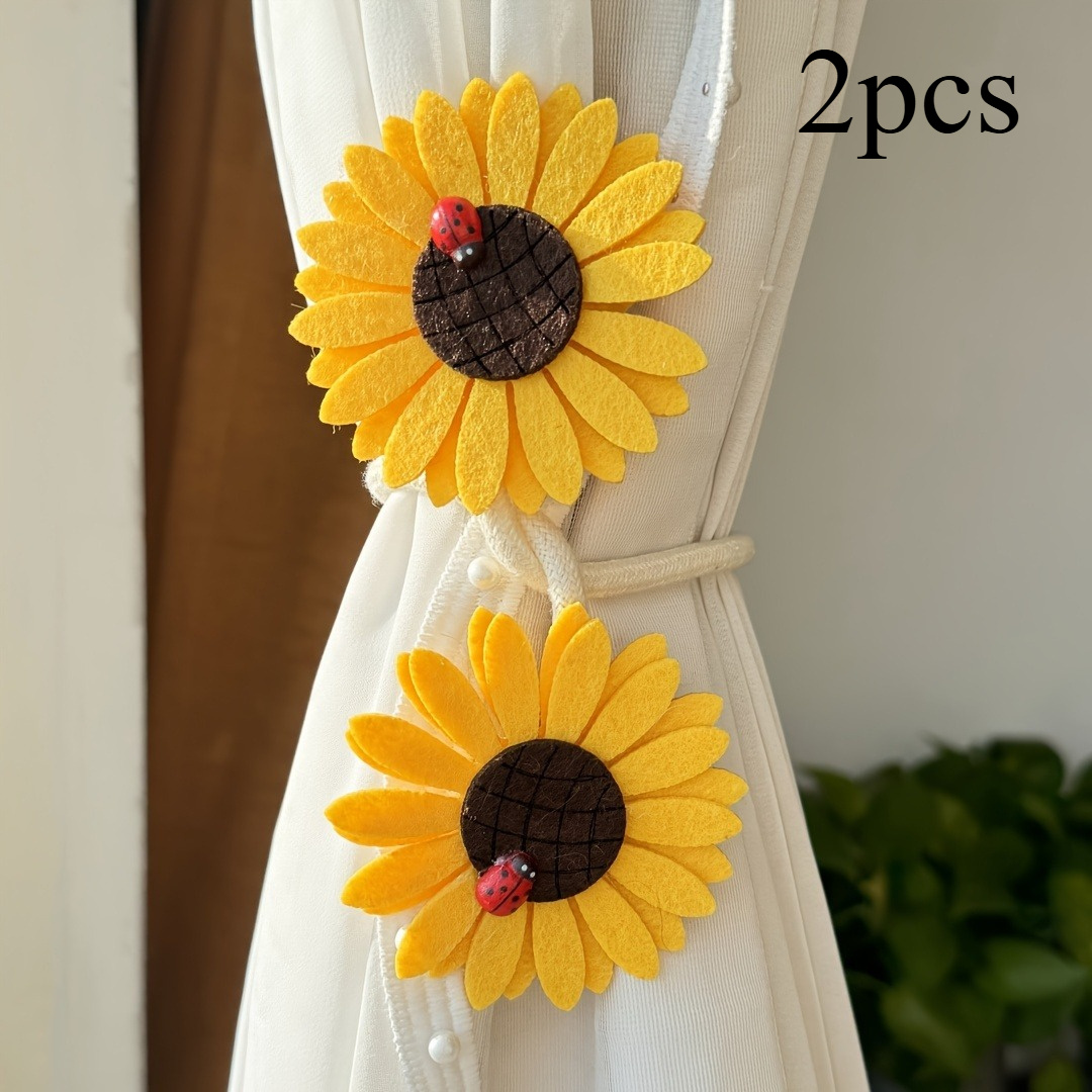 TEMU 2pcs Sunflower Curtain Tiebacks With Ladybug Decor - Bohemian Style Lightweight Polyester Curtain Clips, Elegant For Living Room & Office Window