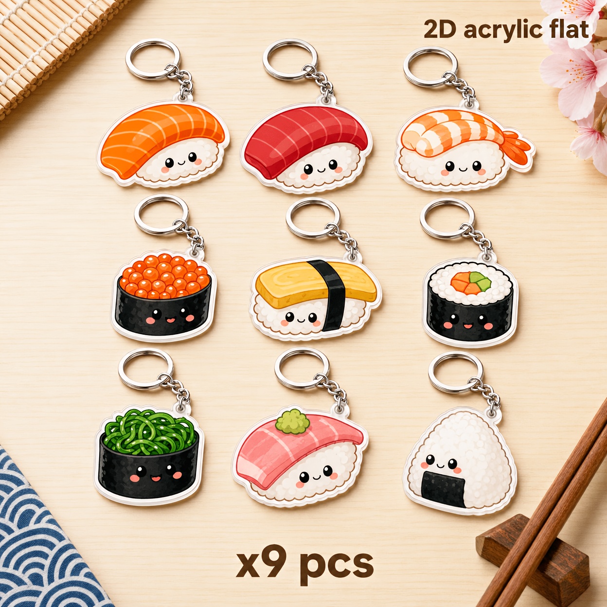 TEMU 2d Flat Acrylic, 9pcs Set Of Cute Japanese Sushi Food Acrylic Keychains, Suitable For Bags, Backpacks, Keys, 2d Flat